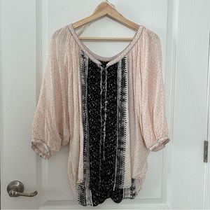 Free People M Blouse Top Button Front Poet Multicolor  Print Flowy Oversize